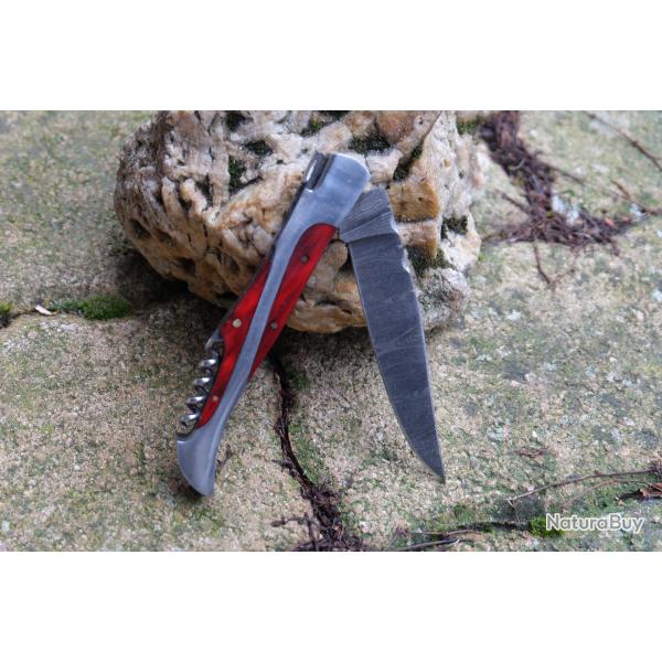 Couteau Damas Lame 128 Couches Fa�on Laguiole Abeille Manche Rubis/Acier Tire Bouchons F Artisanale