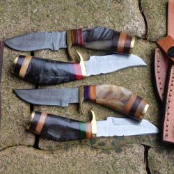 LOT DE 4 Couteau Skinner Damas Lame 256 Couches Manche Corne de B&eacute;lier Fabric Artisanale Etui Cuir