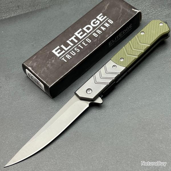 Couteau Tactical ElitEdge A/O Green Manche G10 Lame Trailing Point Acier 420C Clip Linerlock