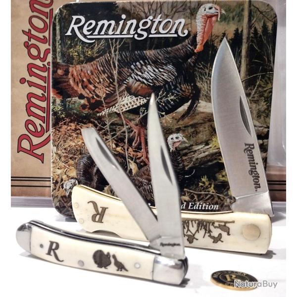 Set 2 Couteaux Remington Turkey Boite Collector Cadeau Lames Acier Inoxydable Manches Os Grav�s