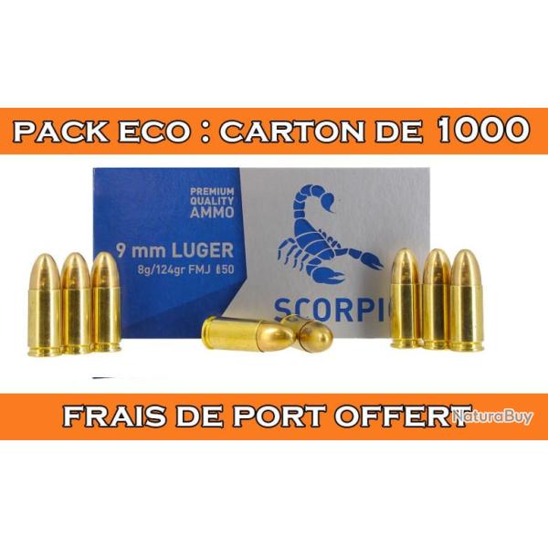 OFFRE ECO - CARTON DE 1000 CARTOUCHES STV CAL.9x19 / 9 PARABELLUM / 9 LUGER FMJ 124GRS - CATEGORIE B