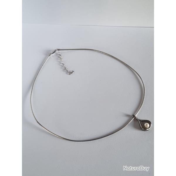 Collier Cha�ne Argent Serpent et Pendentif Perle Argent Massif 925 Vintage