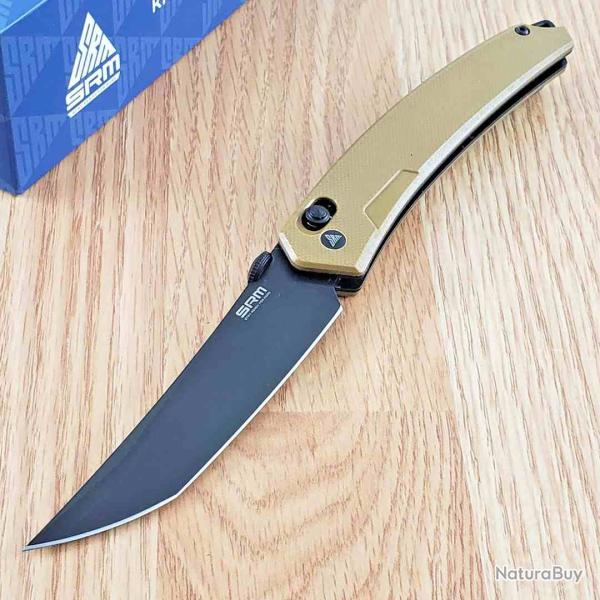 Couteau  SRM 9211-GW Lame Acier 8Cr13MoV Black Stonewash Manche G10 Brown Ambi Lock SRM9211GW