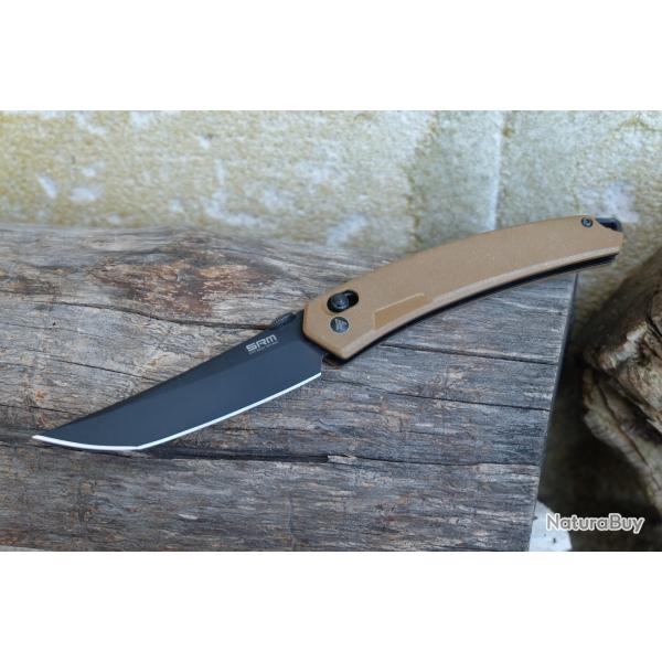 Couteau  SRM 9211-GW Lame Acier 8Cr13MoV Black Stonewash Manche G10 Brown Ambi Lock SRM9211GW