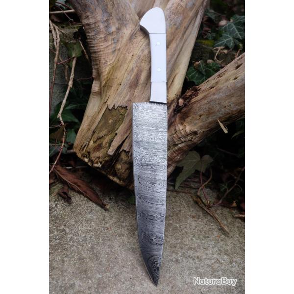 Couteau De Cuisine de Chef Lame Acier Damas 256 Couches Manche R�sine Neige Acier Fabric Artisanale