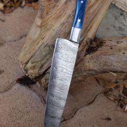 Couteau De Cuisine de Chef Lame Acier Damas 256 Couches Manche R&eacute;sine Bleu /Acier Fabr Artisanale