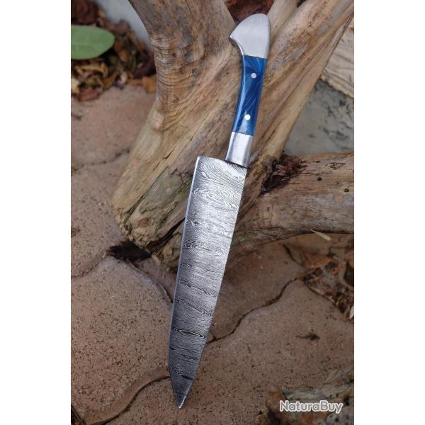 Couteau De Cuisine de Chef Lame Acier Damas 256 Couches Manche R�sine Bleu /Acier Fabr Artisanale