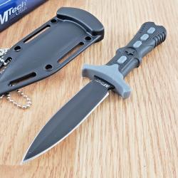 Couteau de Cou Dague Mtech Lame Acier 440 Manche Caoutchouc Etui Plastique Chainette