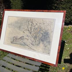 Gravure lapin d&eacute;boulant devant chien L&eacute;on Danchin sign&eacute;e et num&eacute;rot&eacute;e