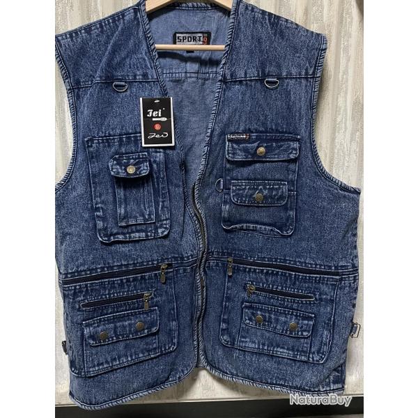 gilet sans manche en jeans multi poches