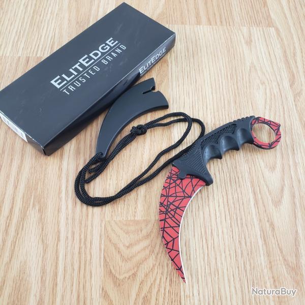 Couteau Spyderman Karambit Fixe Lame Acier Inox Rouge | Manche ABS Noir | �tui ABS + Cordelette