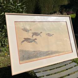 Gravure vol de perdrix L&eacute;on Danchin sign&eacute;e et num&eacute;rot&eacute;e