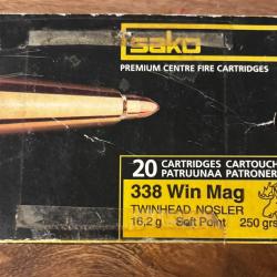 16 cartouches 338 winchester Sako Twinhead (Nosler) / 250 grains