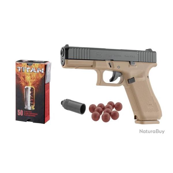 Pack D�fense Self-Gomm Pistolet Glock 17 Gen5 Coyote - Calibre 9mm PAK + 50 Munitions + Embout Self-