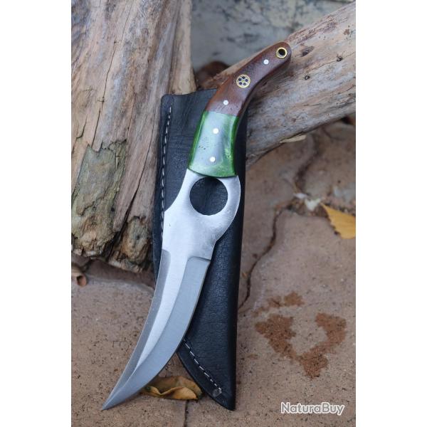 Couteau De Cuisine & Rando Lame Acier Carbone 1055 Fa�on Huusk Etui Cuir Manche Bois/R�sine Artisan