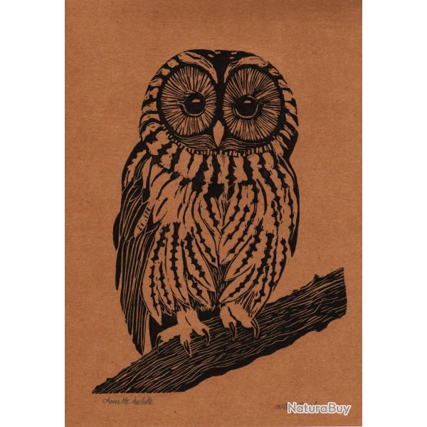 Chouette hulotte, linogravure artisanale sign�e Spada