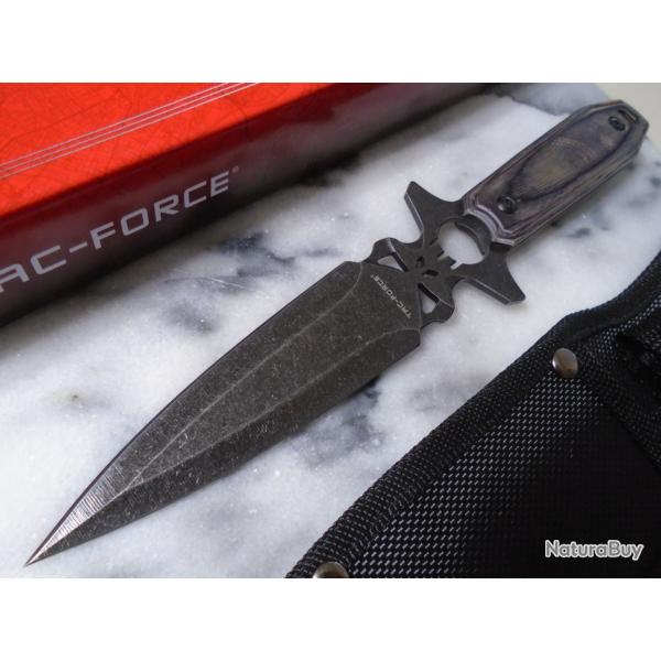 Couteau Tac-Force Fixe Lame Dague Acier 3Cr13MoV Manche Bois Gris �tui Nylon Chasse Rando Tactical