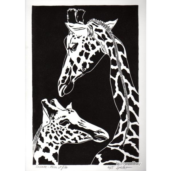Girafes, m�re et fille, linogravure originale sign�e Spada