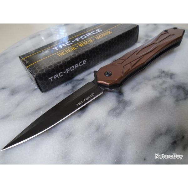 Couteau Tac Force Pliant Linerlock | Lame Dague Spear Point Acier Inox Noir | Manche Aluminium Brun