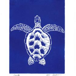 Tortue marine Linogravure originale sign&eacute;e Spada