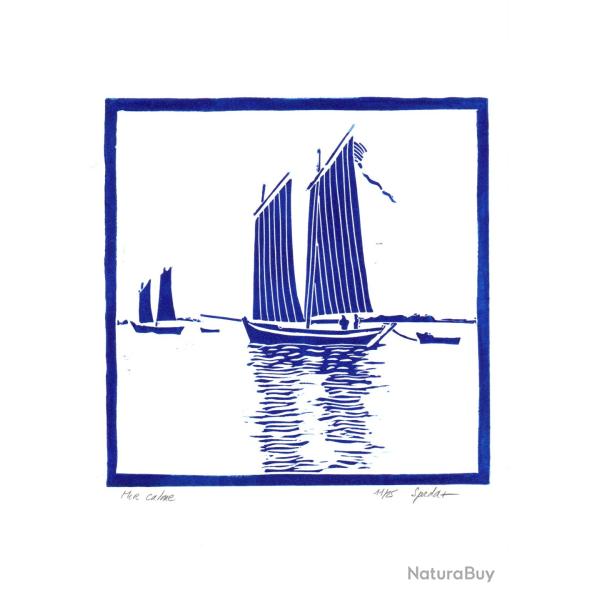 Mer calme, linogravure originale sign�e Spada