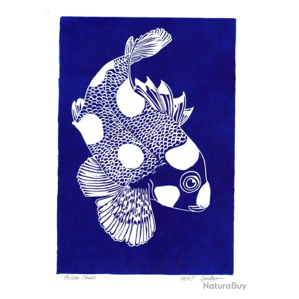 Poisson-clown, linogravure originale sign�e Spada