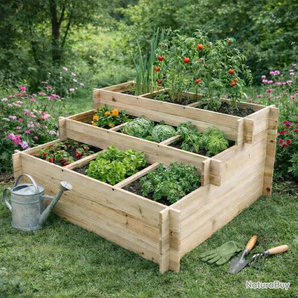 Carr� potager en bois de sapin 3 niveaux - 120x100x54 cm avec g�otextile