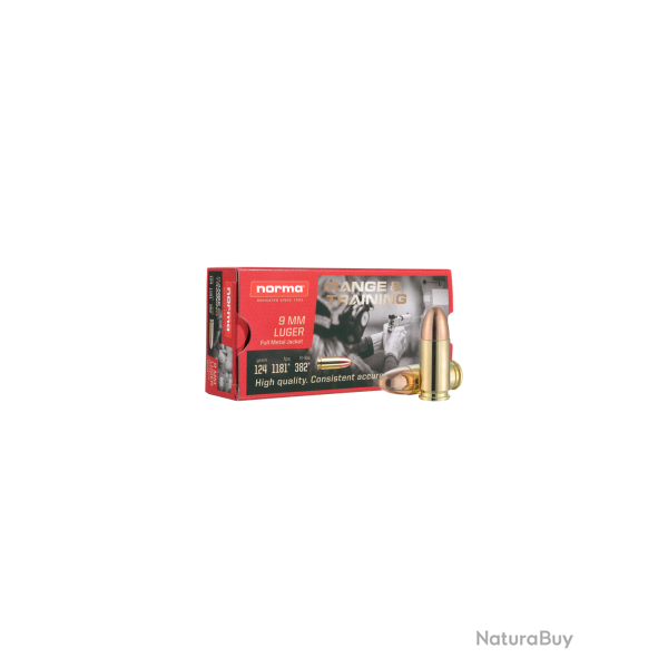 MUNITIONS NORMA CAL 9MM LUGER 124GR FMJ range & training 1 boite ( 50 munitions )