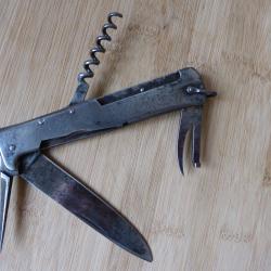 Couteau ancien multifonctions "MERCATOR D.R.G.M" 4 pi&egrave;ces collection militaire GUSSTHAL GERMANY