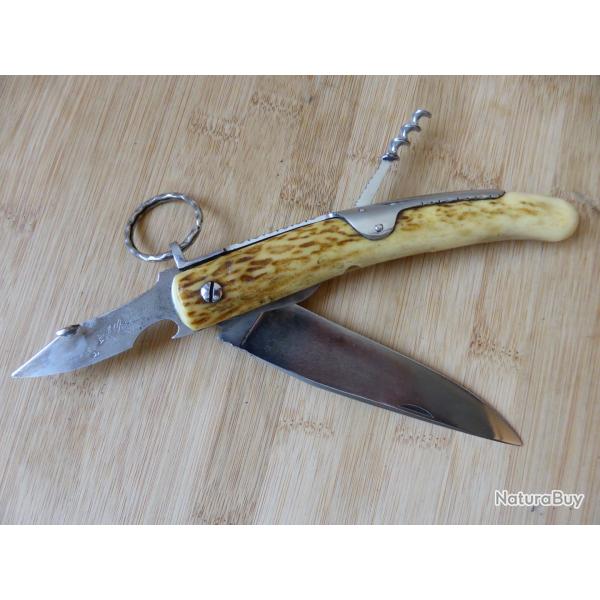 Ancien couteau de chasse NOGENT "SACOUP" type MONGIN 3 pi�ces � palme guilloch� Bois de Cerf FRANCE