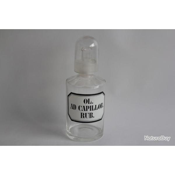 Ancien flacon d'apothicaire verre �maill� Ol. Ad Capillor. Rub.
