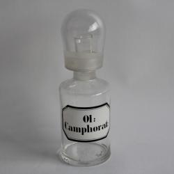 Ancien flacon d'apothicaire verre &eacute;maill&eacute; Ol: Camphorat