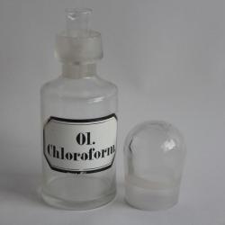 Ancien flacon d'apothicaire verre &eacute;maill&eacute; Ol. Chloroform
