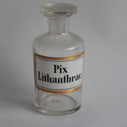 Ancien flacon d'apothicaire verre &eacute;maill&eacute; Pix Lithantrac