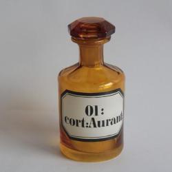 Ancien flacon d'apothicaire verre ambr&eacute; &eacute;maill&eacute; Huile d'&eacute;corce d'orange