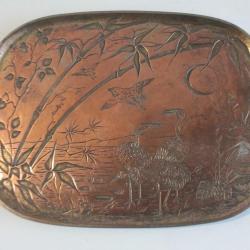 Plateau cuivre Paysage Grues Bambous Japon Meiji