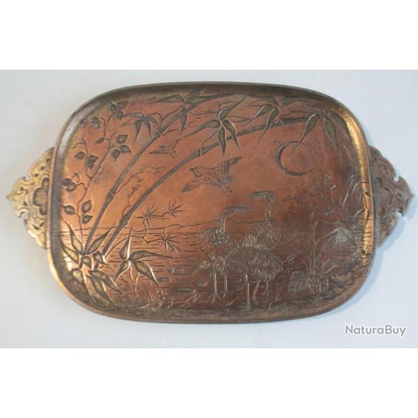 Plateau cuivre Paysage Grues Bambous Japon Meiji