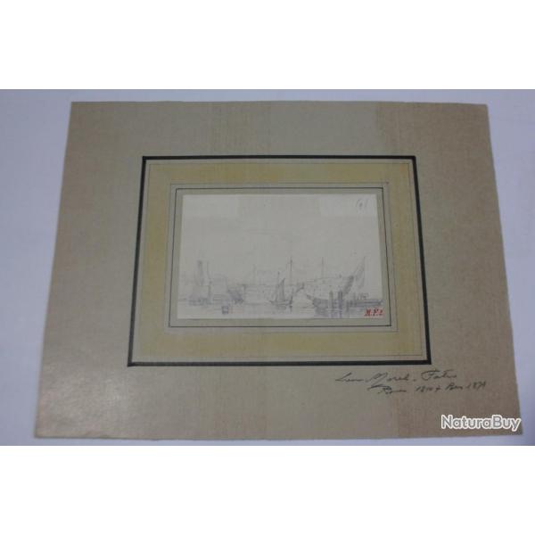 Dessin original L�on MOREL-FATIO Bateaux au port XIXe si�cle