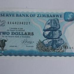 Billet 2 Dollars Zimbabwe 1983 neuf