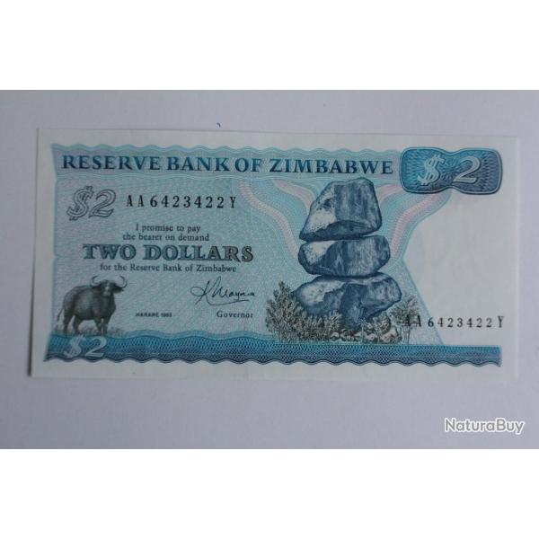 Billet 2 Dollars Zimbabwe 1983 neuf