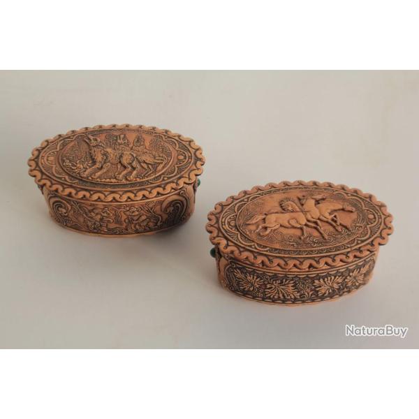 2 Bo�tes russe �corce de bouleau sculpt� loup chevaux ours