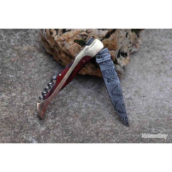 Couteau Damas Lame 128 Couches Fa�on Laguiole Abeille Manche Bois/Laiton Tire Bouchons F Artisanale