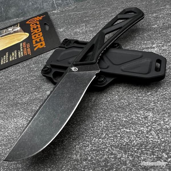 Couteau Bushcraft Chasse Gerber Exo-Mod Lame 7Cr17MoV Manche Caoutchouc Noir Etui Polypropyl�ne