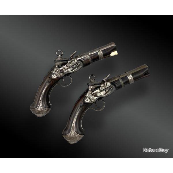 PAIRE DE PISTOLETS � SILEX, PAR JOSEF LLINAROS � MALAGA Espagne vers 1800