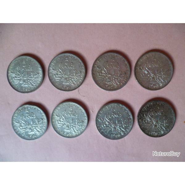 S�RIE DE 8 PI�CES 5 FRANCS SEMEUSE ARGENT DE 1960 A 1967, TBE