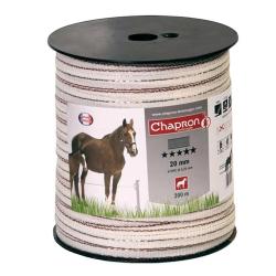 Ruban cl&ocirc;ture &eacute;lectrique 20 mm blanc liser&eacute; marron longueur 200 m