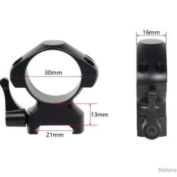 PAIRE DE COLLIERS DE MONTAGE 30 MM &Agrave; LEVIER DE D&Eacute;GAGEMENT RAPIDE PROFIL HAUT