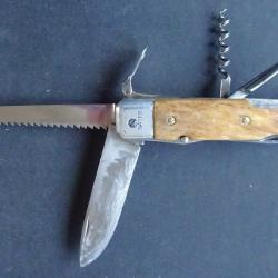 COUTEAU DE CHASSE RARISSIME "SATEE" 6 FONCTIONS  OS CERFE TIRE BOUCHON 1957 THIERS