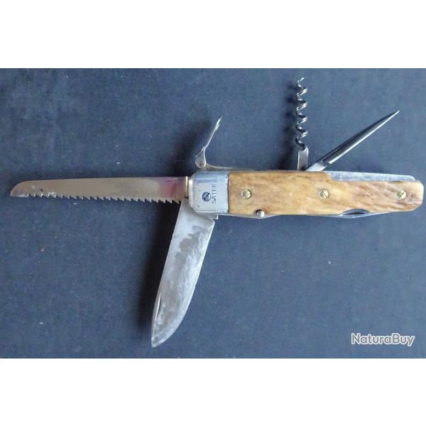 COUTEAU DE CHASSE RARISSIME "SATEE" 6 FONCTIONS  OS CERFE TIRE BOUCHON 1957 THIERS