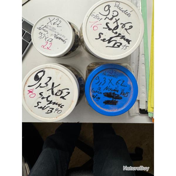 Lot divers �tuis (douilles) calibre 9.3x62, quantit� : 105, RWS, GECO, NORMA, Winchester, Solognac.